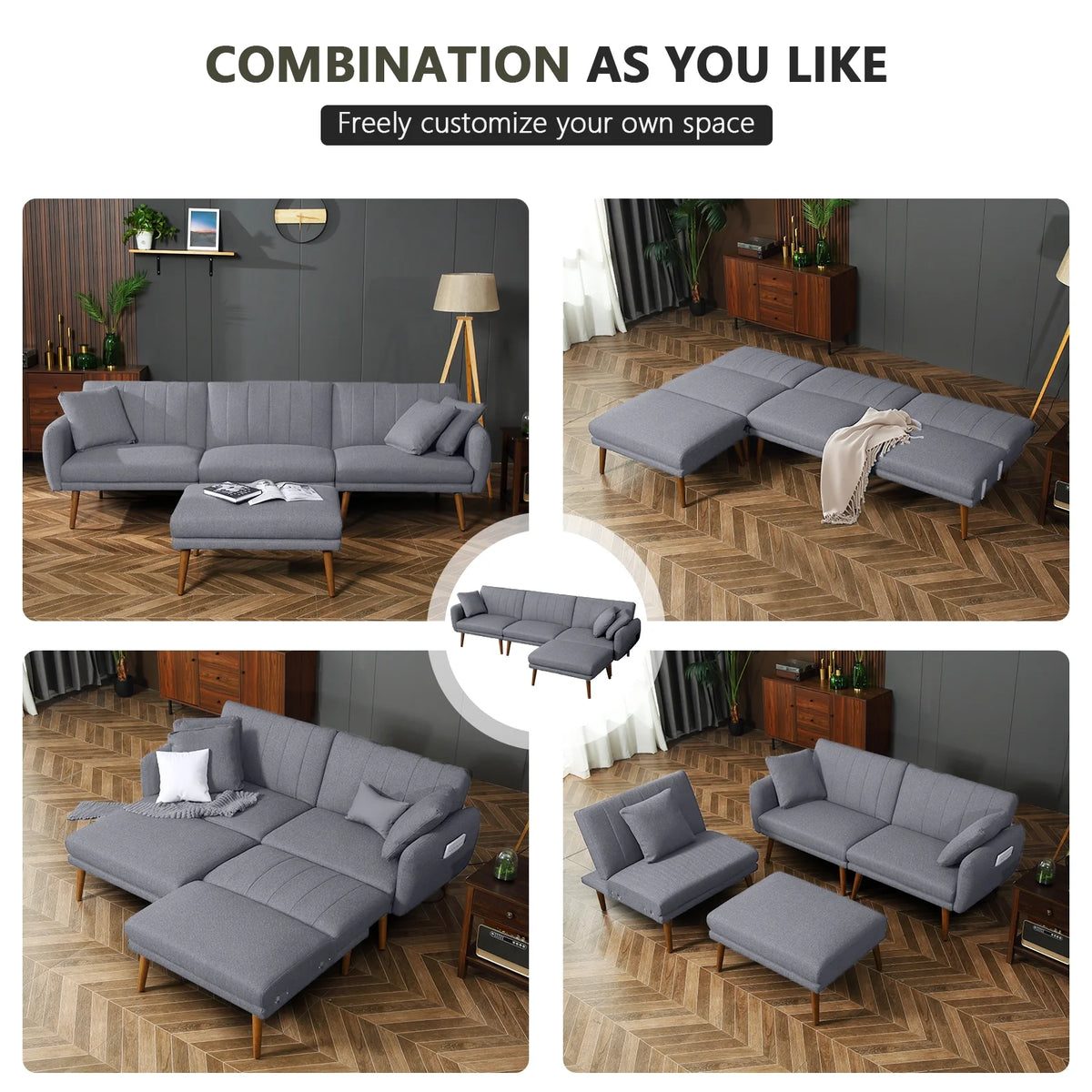 L-Shaped Linen Fabric Sleeper Sectional Sofa with Ottoman V7773