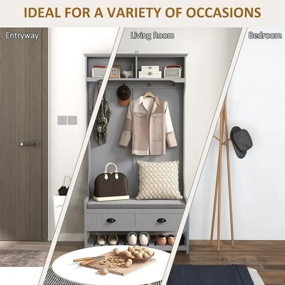 3-in-1 Hall Tree Entryway Bench with Coat Rack Shoe Rack 2 Drawers 4 Hooks Padded Seat Cushions Gray V3543