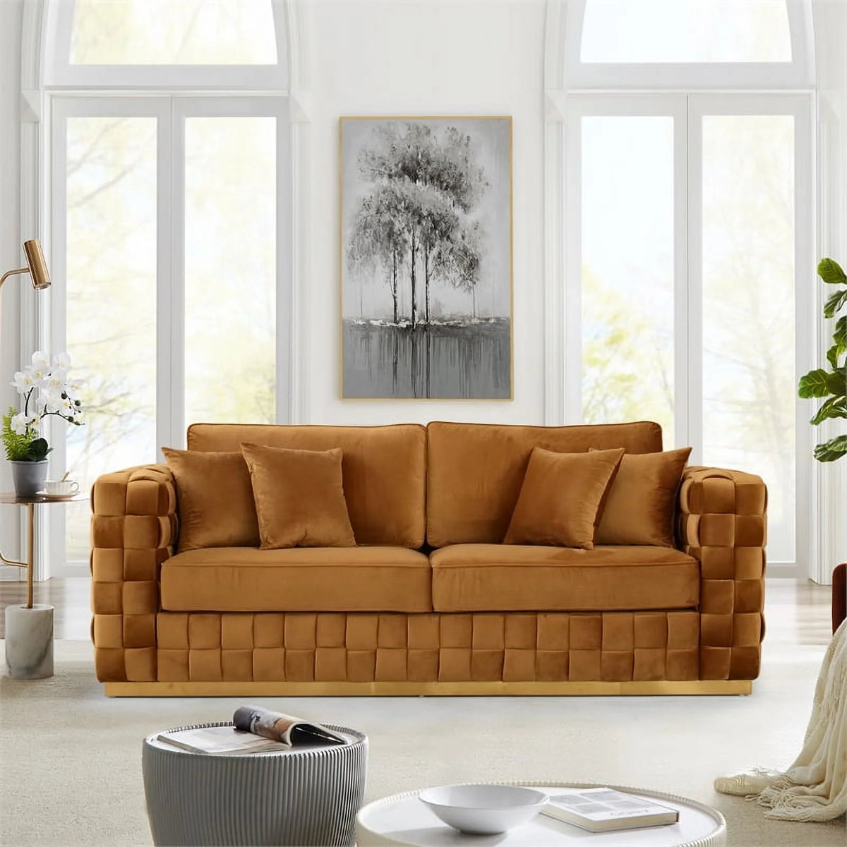 Mid Century Modern Velvet Couch in Orange M634