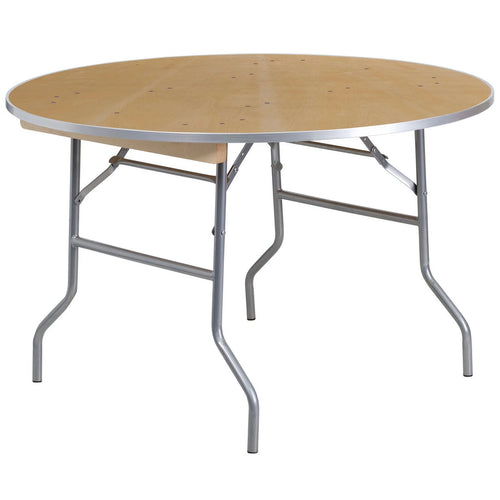 4-Foot Round Heavy Duty Birchwood Folding Banquet Table with Metal Edges Q39191