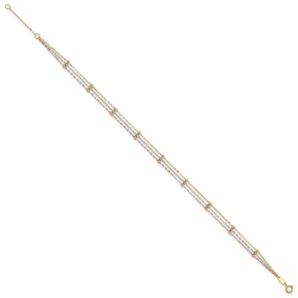 14 Karat Tri-color 3-Strand Beaded Anklet O311