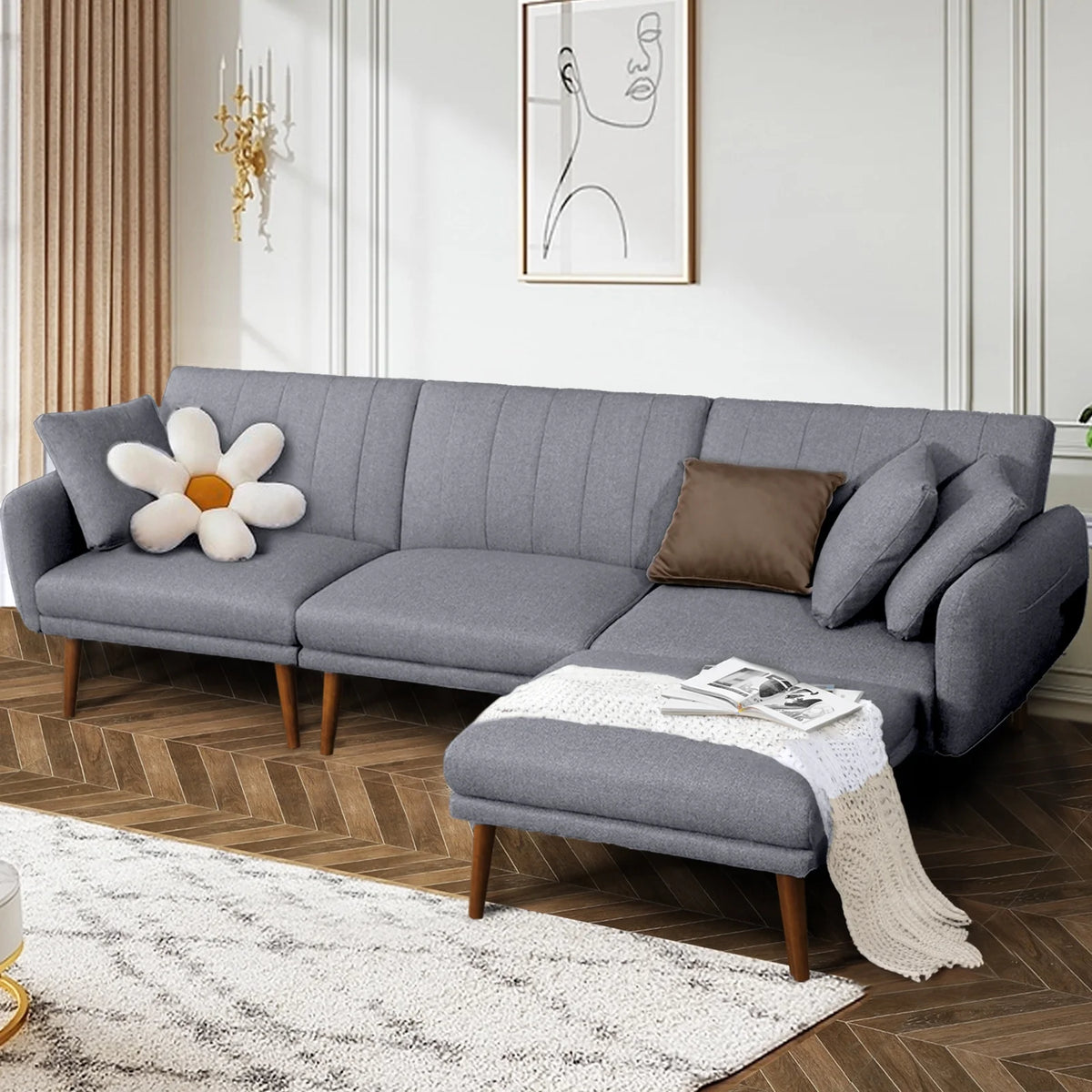 L-Shaped Linen Fabric Sleeper Sectional Sofa with Ottoman V7773