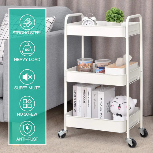 3-Tier Rolling Metal Utility Cart with Wheels, White Z1608