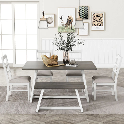6-Piece Solid Wood Dining Table Set with 4 Upholstered Chairs & 1 Bench Q195