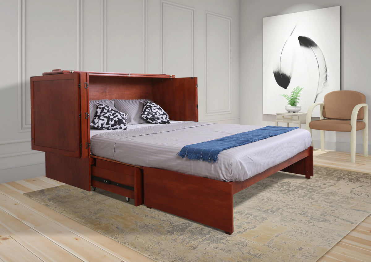Queen Cherry Murphy Cabinet Chest Bed with Charging Station & 6" Memory Foam Mattress P60204