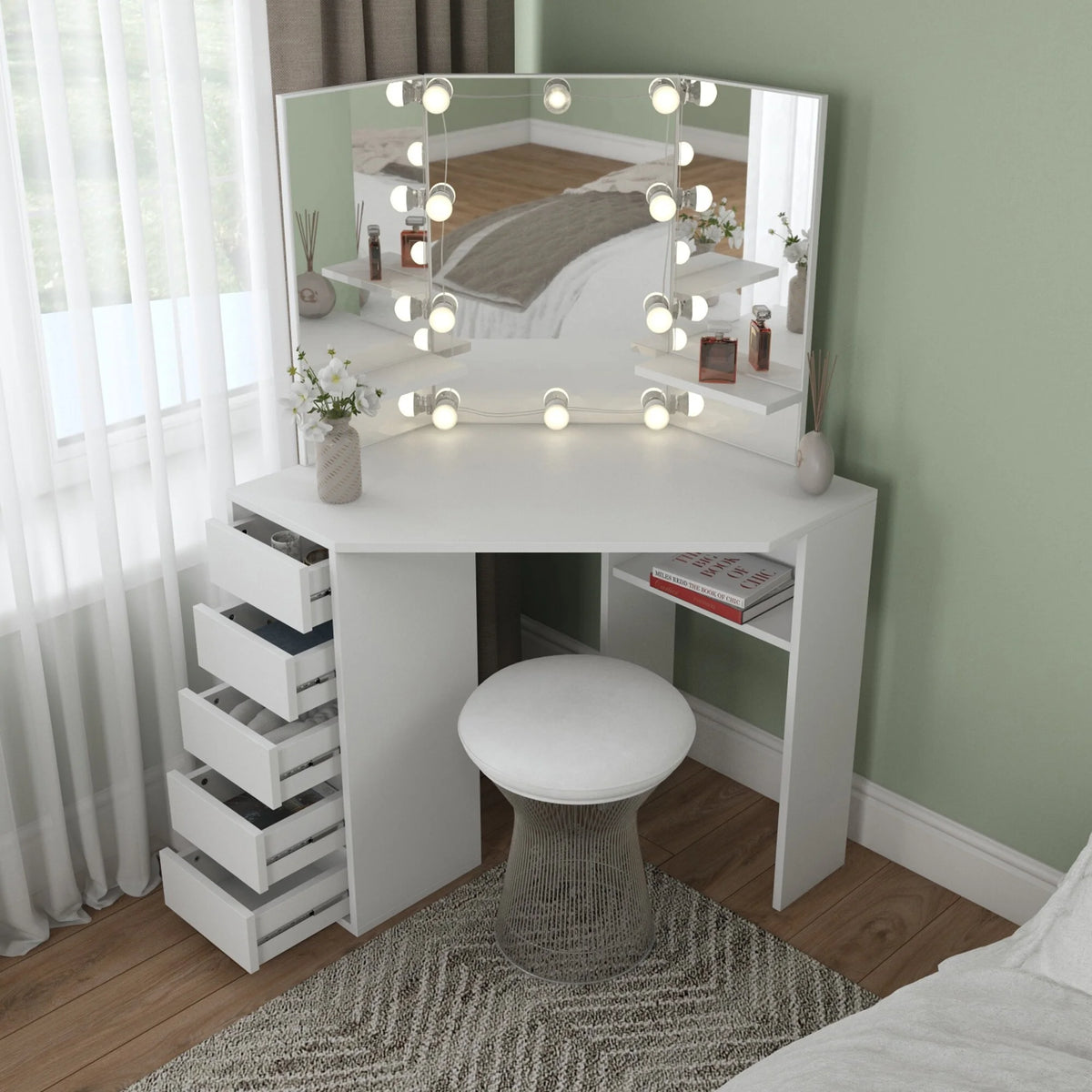 Corner Makeup Vanity Desk with 5 Drawers H80980