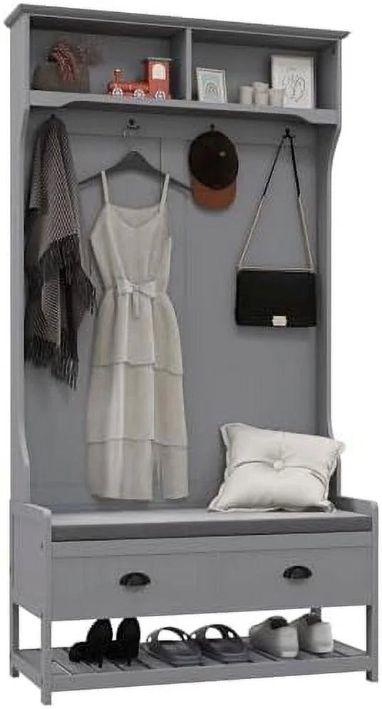3-in-1 Hall Tree Entryway Bench with Coat Rack Shoe Rack 2 Drawers 4 Hooks Padded Seat Cushions Gray V3543