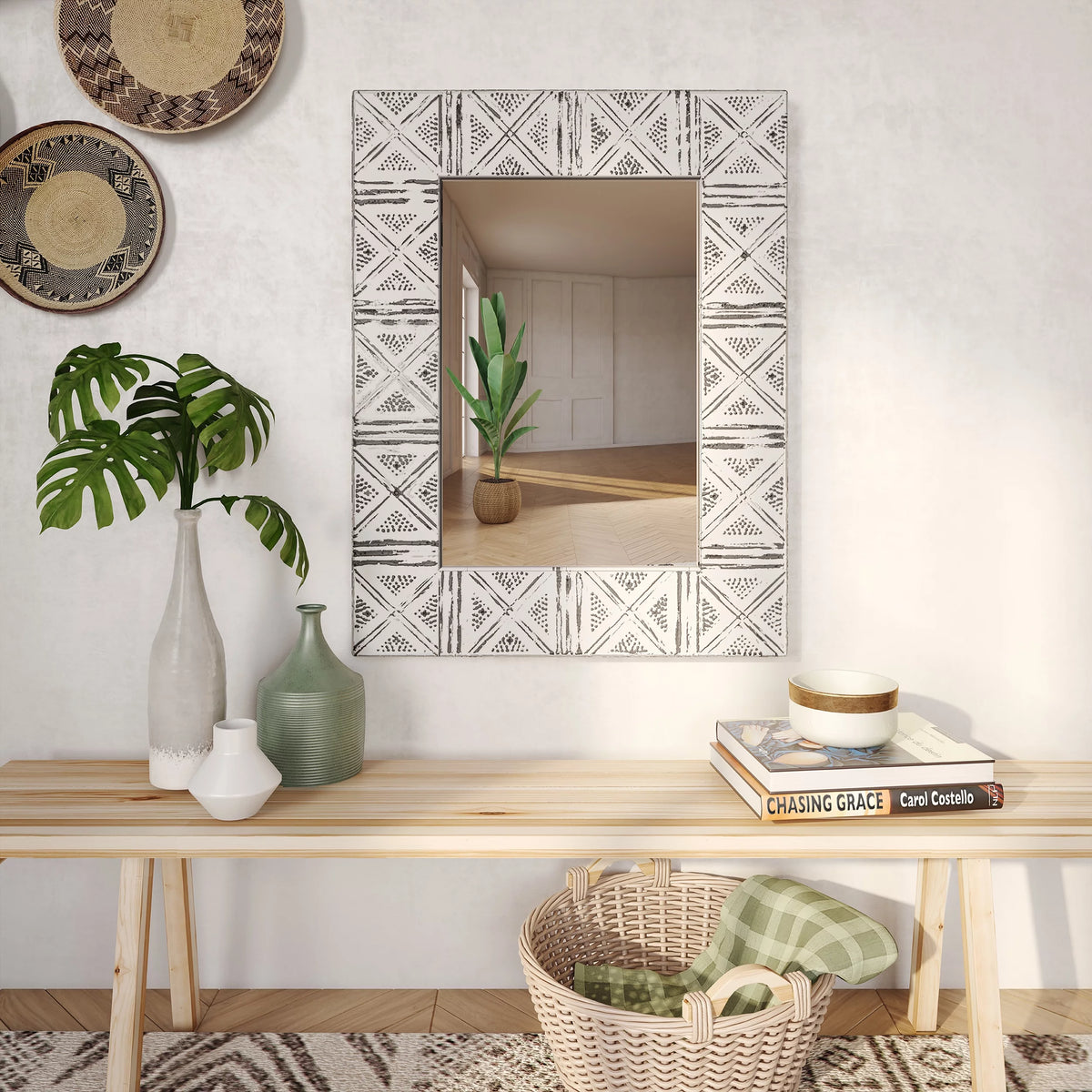Distressed Metal Wall Mirror with Embossed Frame N360