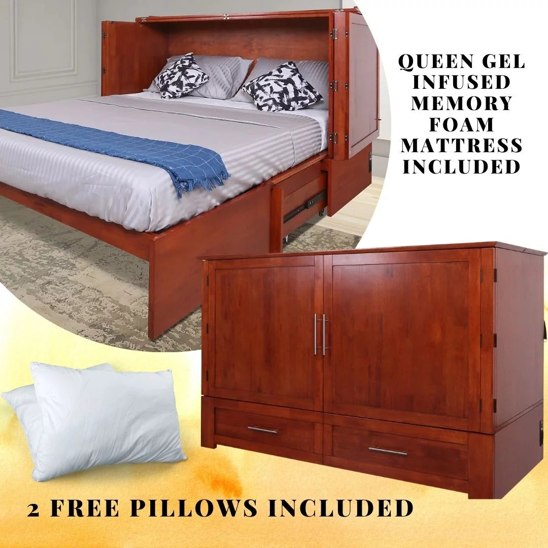 Queen Cherry Murphy Cabinet Chest Bed with Charging Station & 6" Memory Foam Mattress P60204