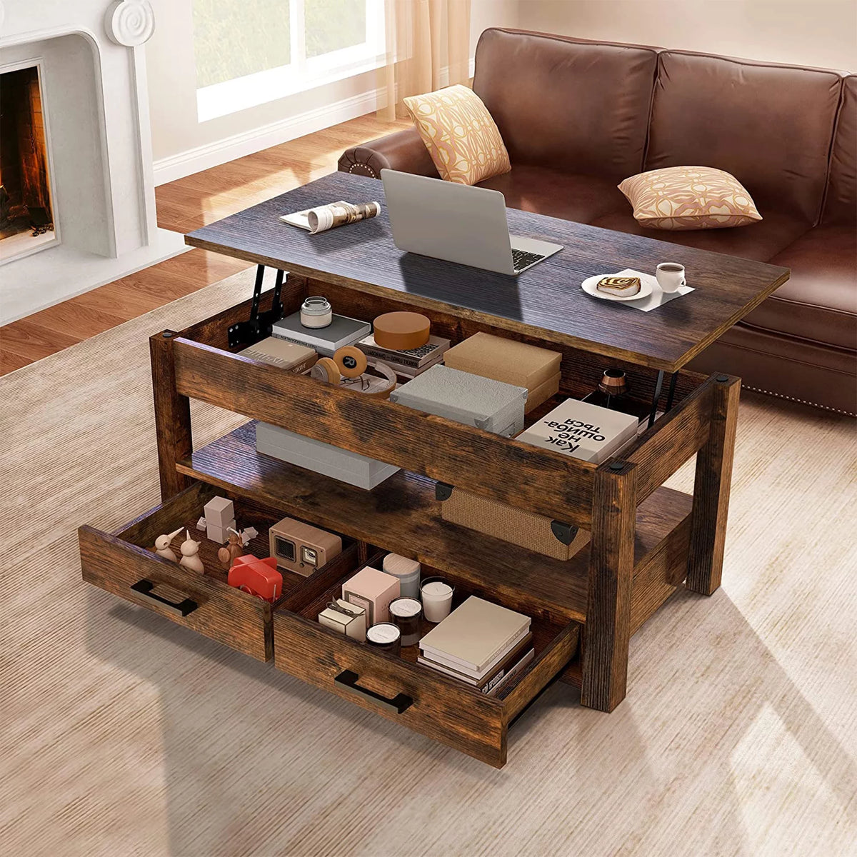 23 In Lift Top Coffee Table with 2 Drawers, Brown E754