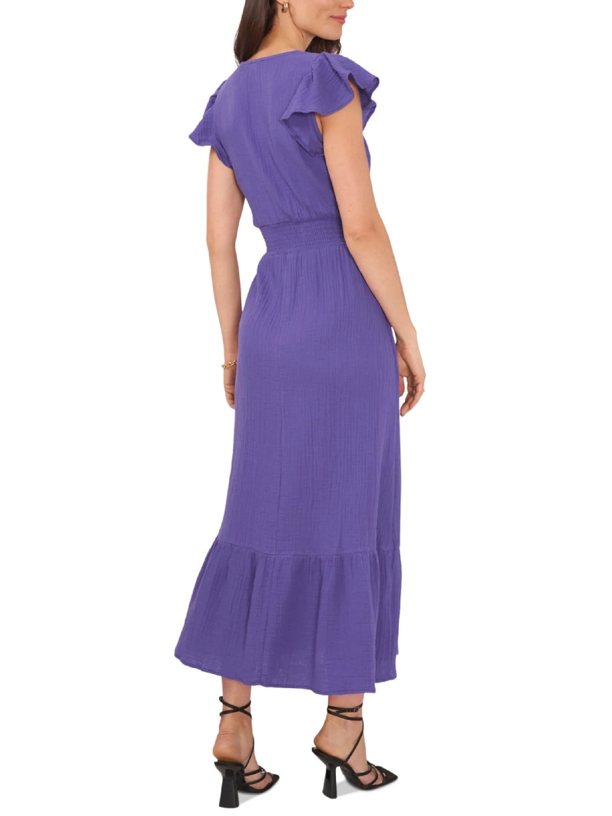 Purple Textured Flutter Sleeve V Neck Shift Dress E55505