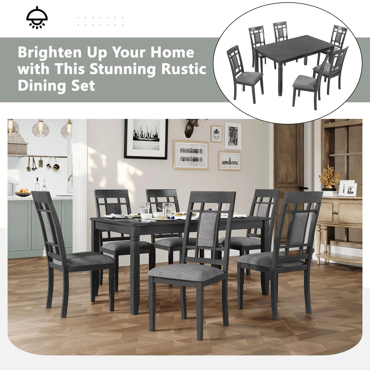 7 Pcs Dining Table and Chair Set with 6 Upholstered Chairs G980448