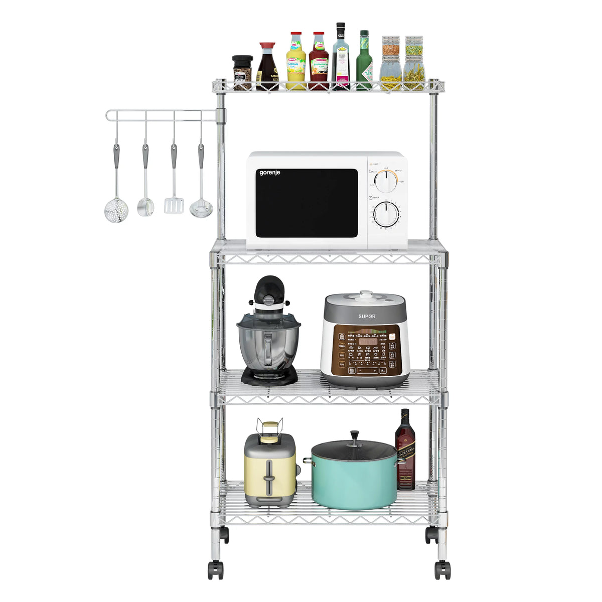 4-Tier Chrome Kitchen Storage Rack with Hanging Hooks Y140