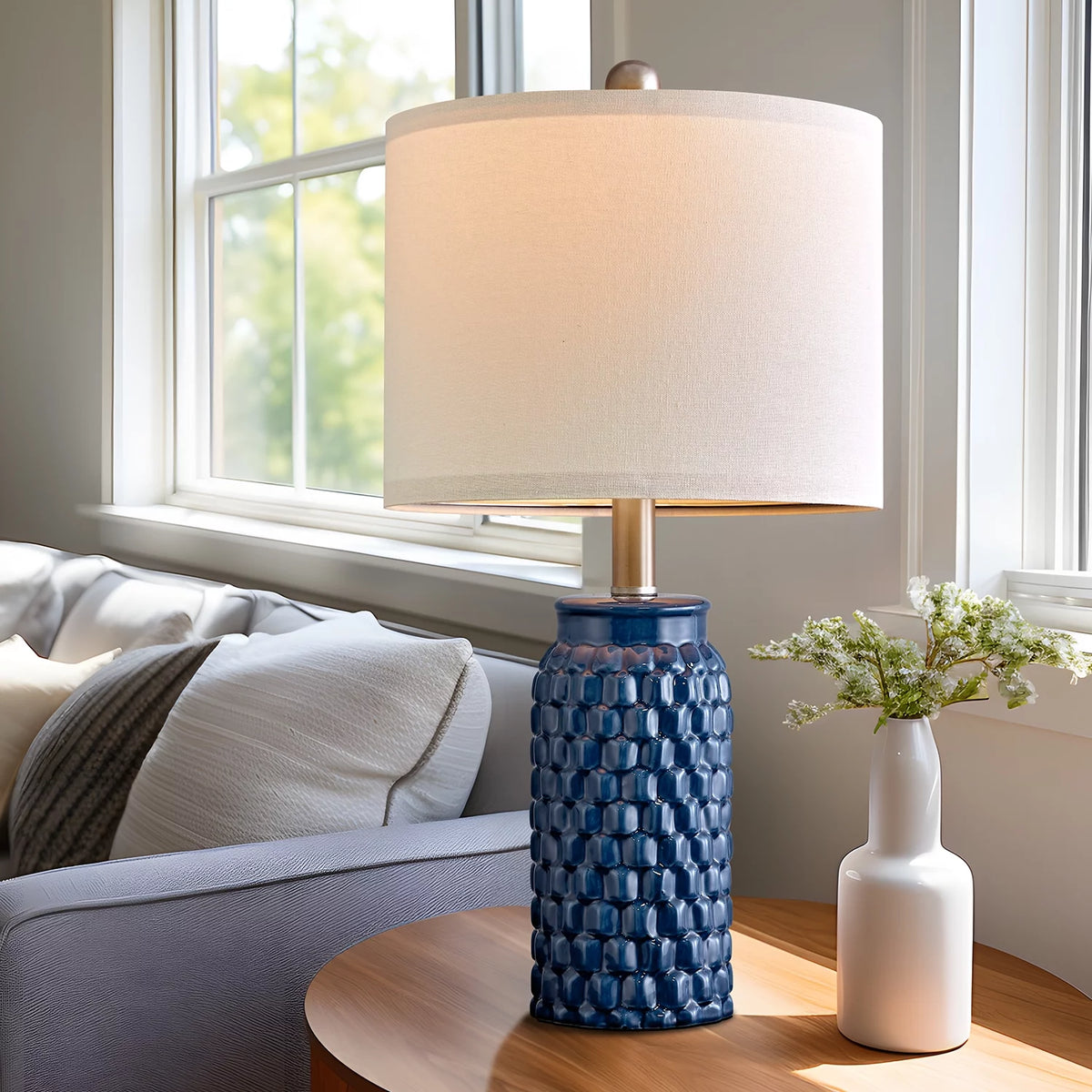 Modern Table Lamp Set of 2 Dark Blue Ceramic I5476