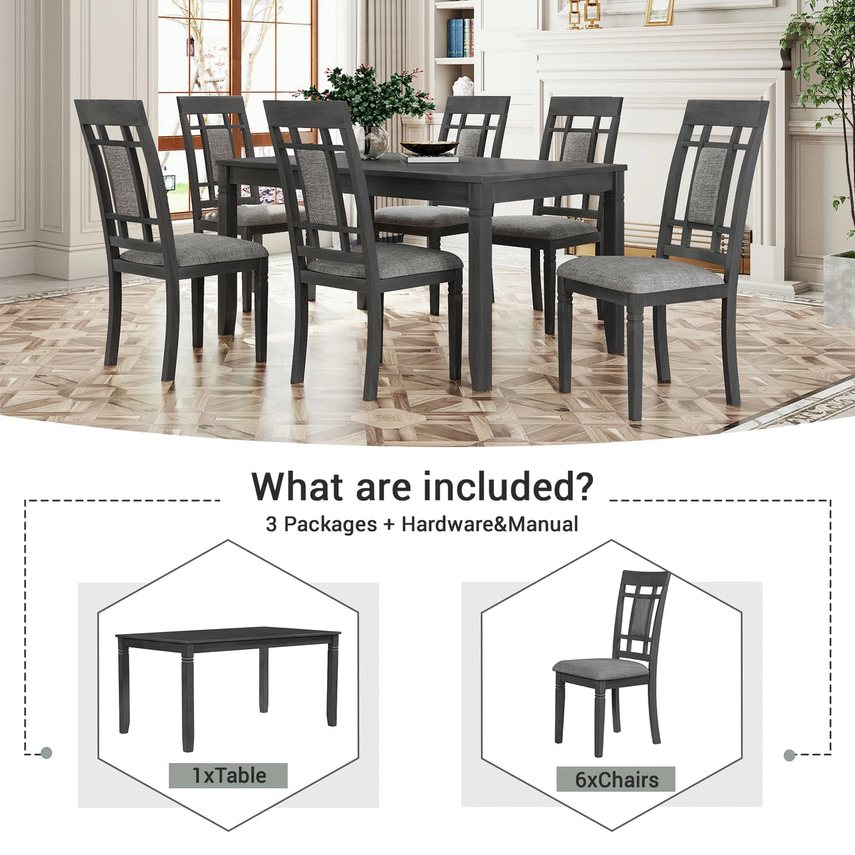 7 Pcs Dining Table and Chair Set with 6 Upholstered Chairs G980448