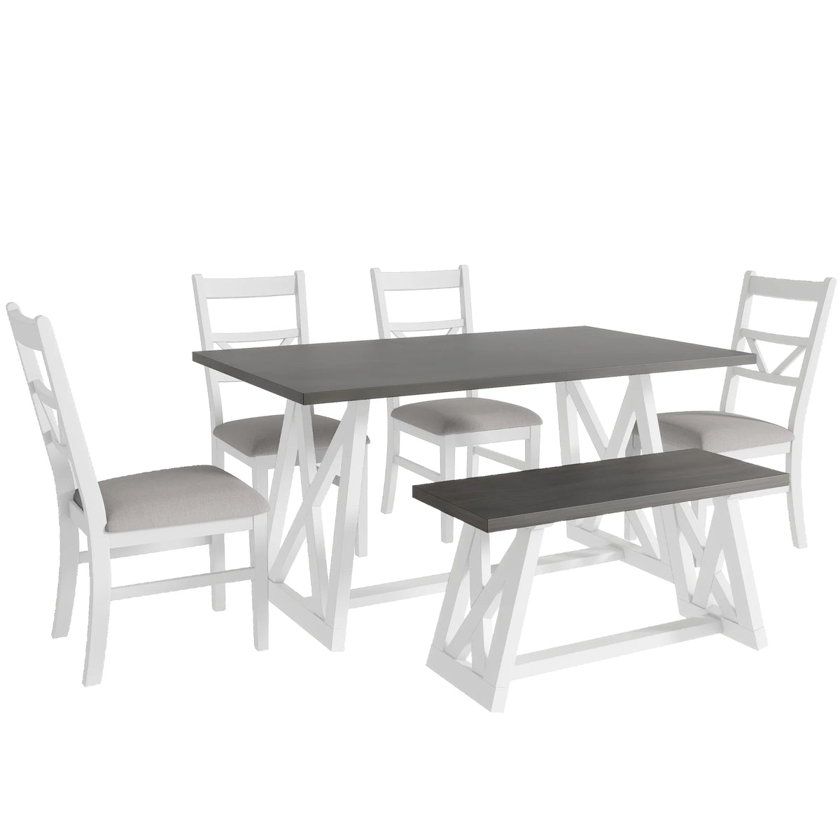 6-Piece Solid Wood Dining Table Set with 4 Upholstered Chairs & 1 Bench Q195