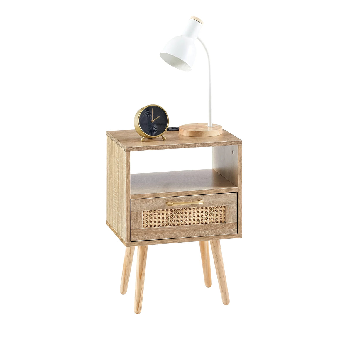 Rattan Wood Nightstand 1 Drawer with Socket USB L846