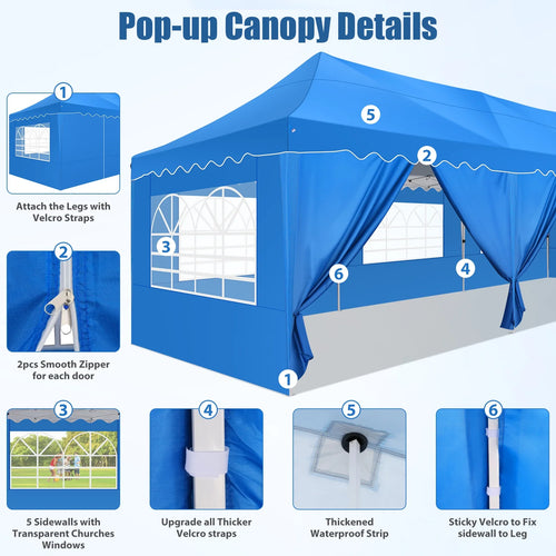 10X30ft Heavy Duty Pop Up Canopy Tent with 8 Sidewalls Blue Q869