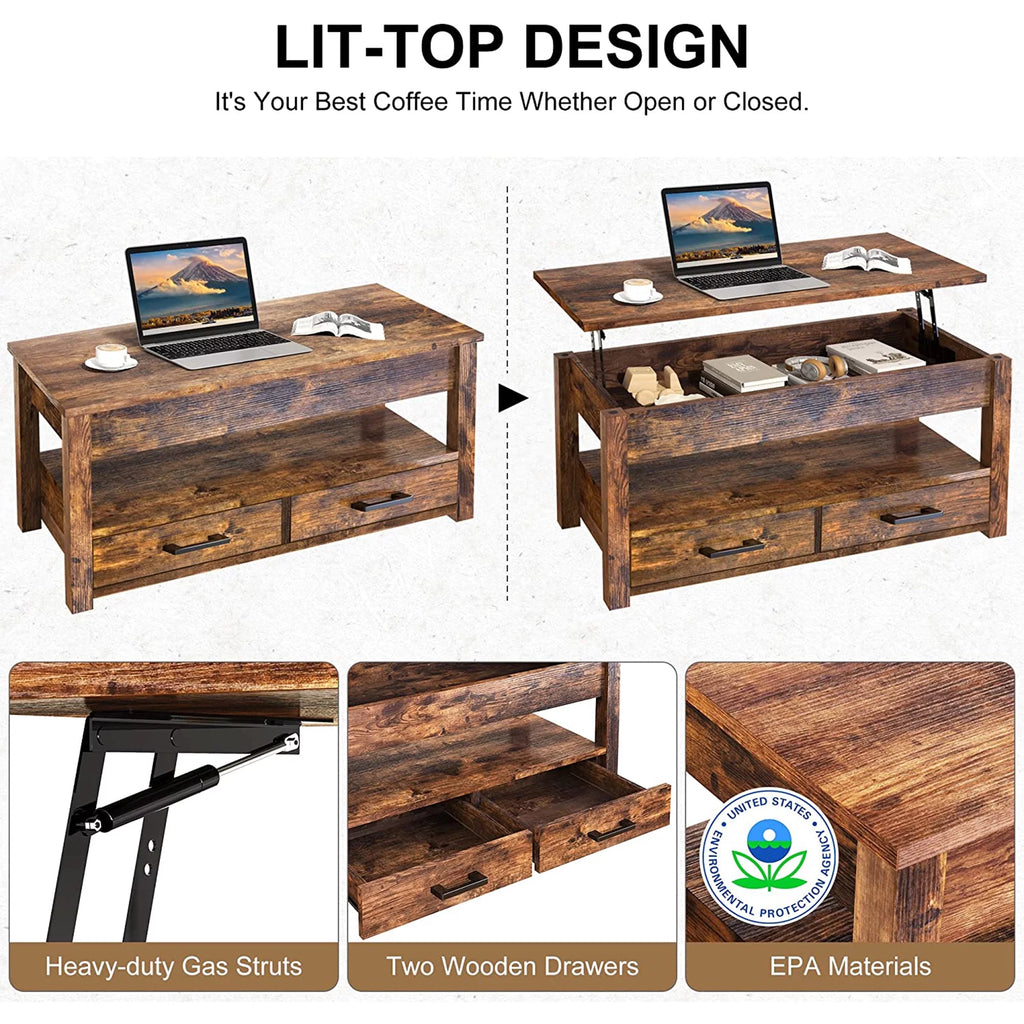 23 In Lift Top Coffee Table with 2 Drawers, Brown E754