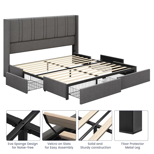 King Size Linen Upholstered Platform Bed Frame with 4 Storage Drawers U7402