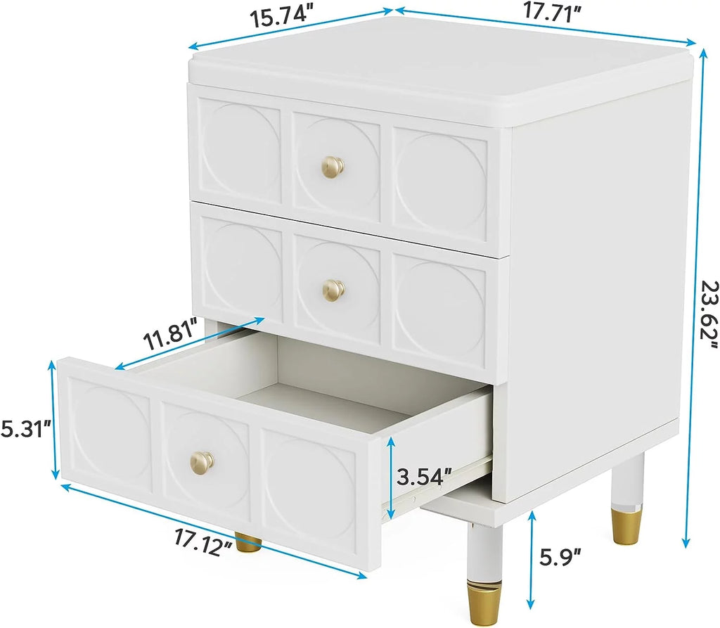 White and Gold 3-Drawer Nightstand Z797