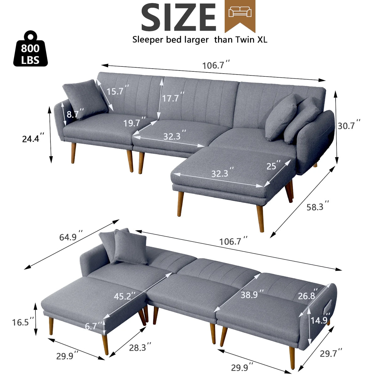 L-Shaped Linen Fabric Sleeper Sectional Sofa with Ottoman V7773