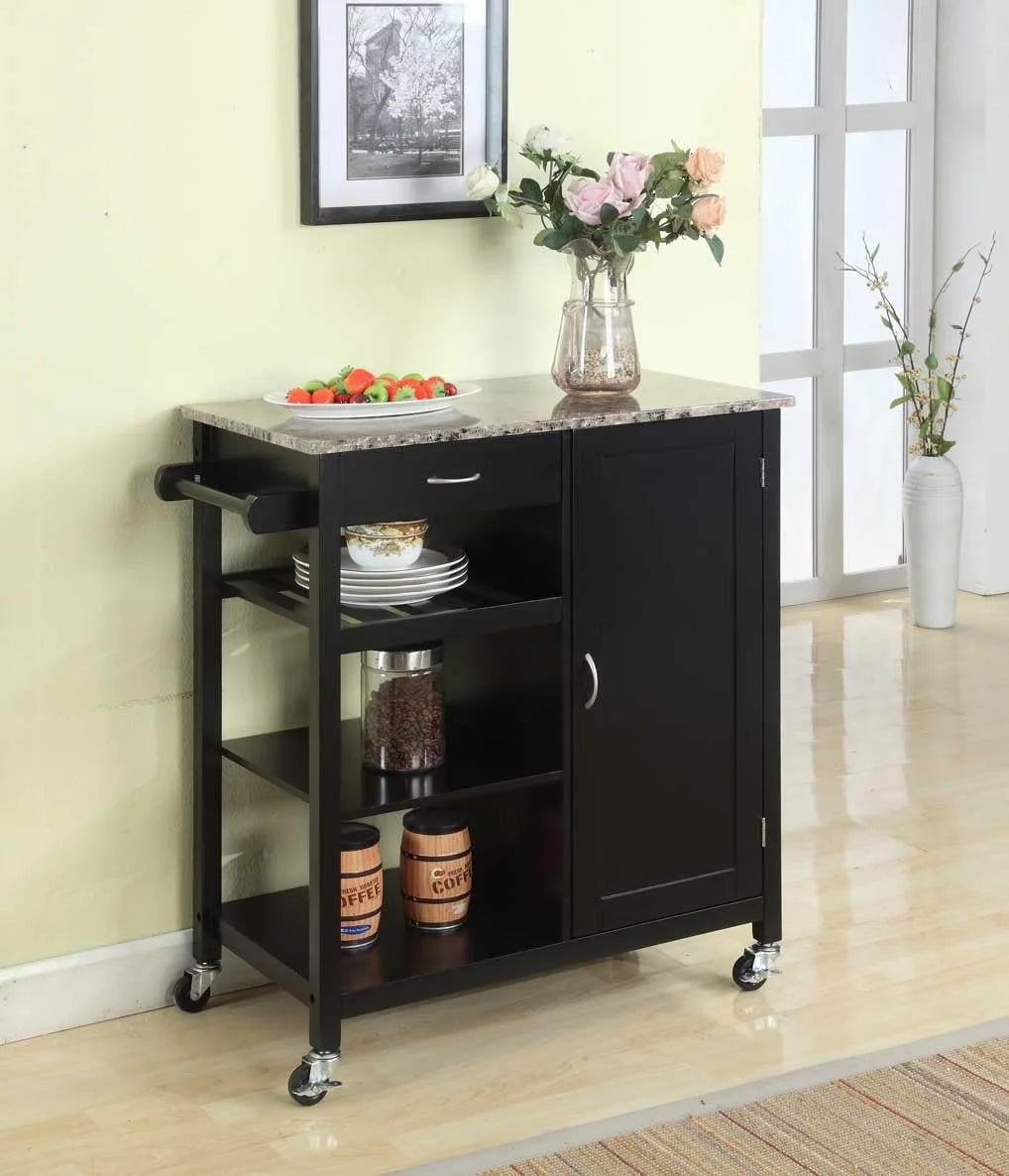 Black Wood & Marble Finish Kitchen Storage Cabinet Cart F7403