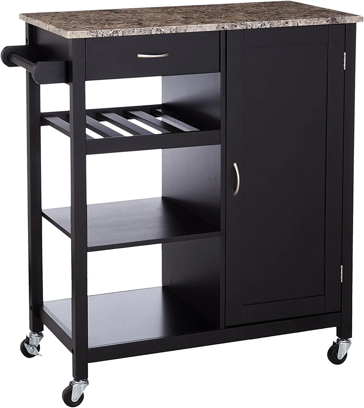 Black Wood & Marble Finish Kitchen Storage Cabinet Cart F7403