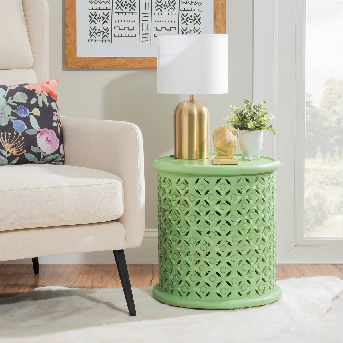 Green Carved Wood Round End Table F46855