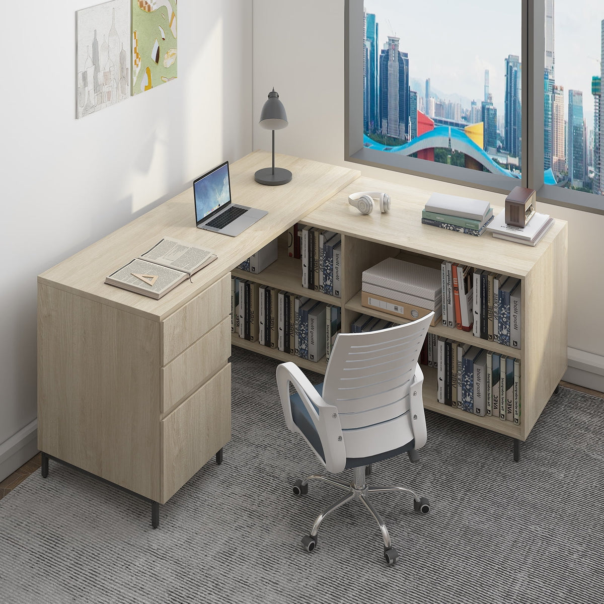 L Shape Desk with Reversible Storage Shelves R241