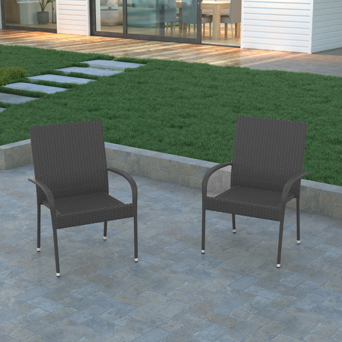 Gray Wicker Powder Coated Steel Patio Club Chair Set of 2 K465