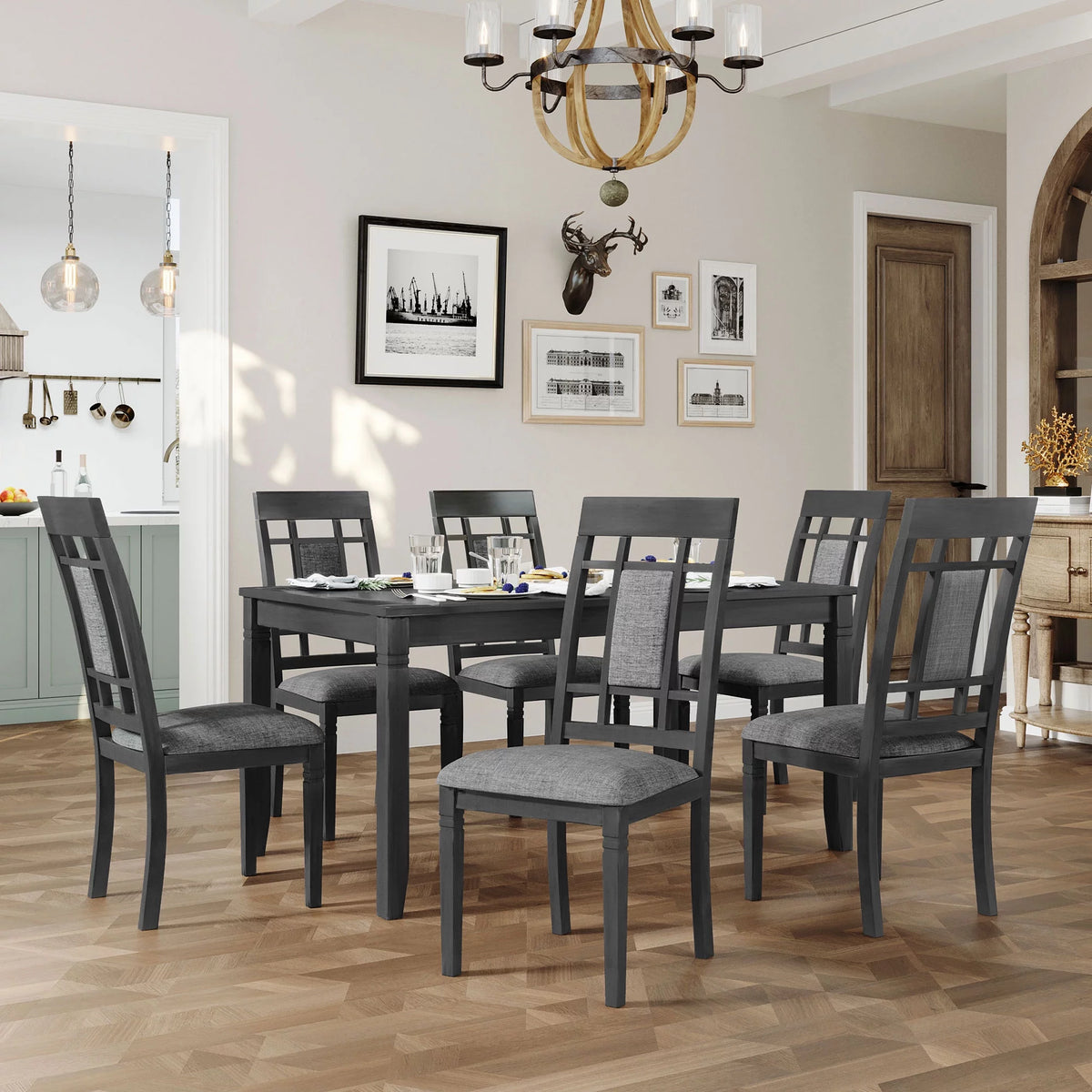 7 Pcs Dining Table and Chair Set with 6 Upholstered Chairs G980448
