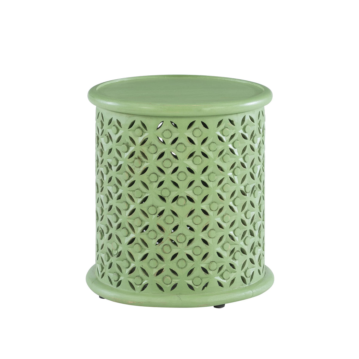 Green Carved Wood Round End Table F46855