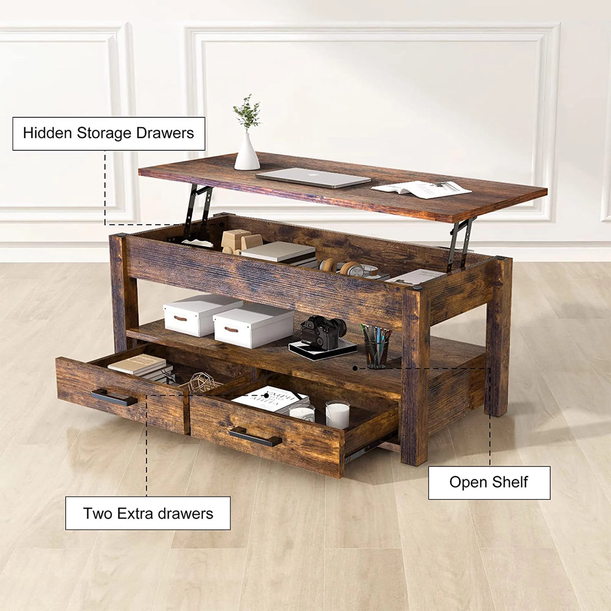 23 In Lift Top Coffee Table with 2 Drawers, Brown E754