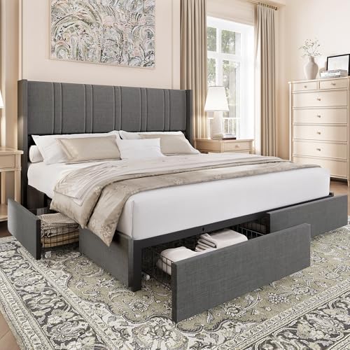 King Size Linen Upholstered Platform Bed Frame with 4 Storage Drawers U7402
