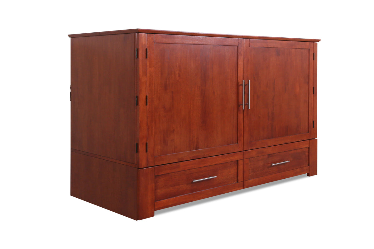 Queen Cherry Murphy Cabinet Chest Bed with Charging Station & 6" Memory Foam Mattress P60204