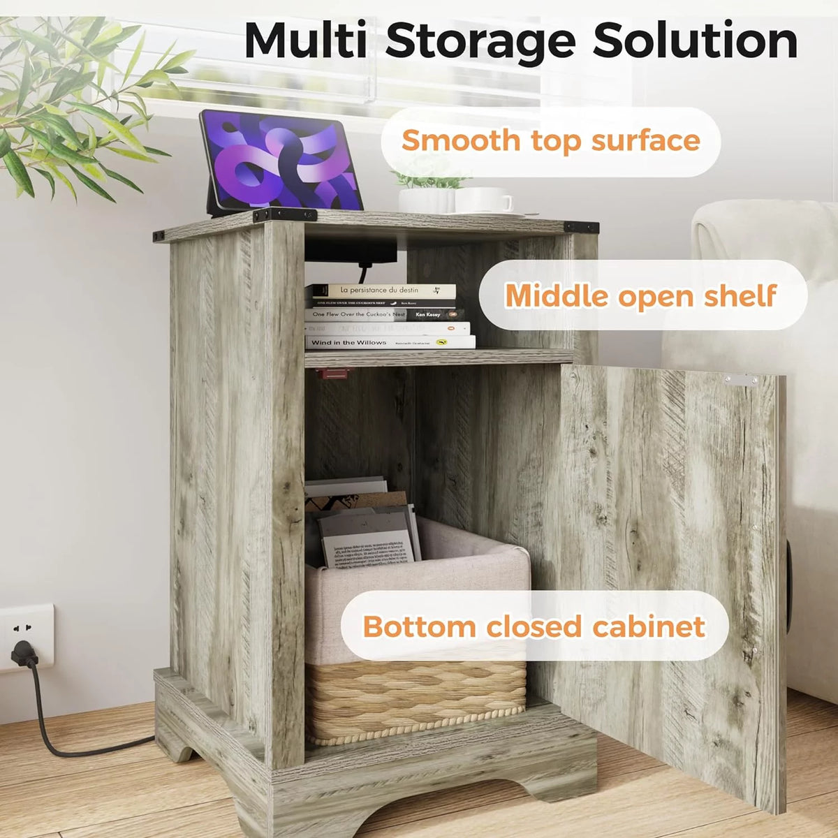 Rustic Warm Grey Wooden Nightstand with Charging Station R415698