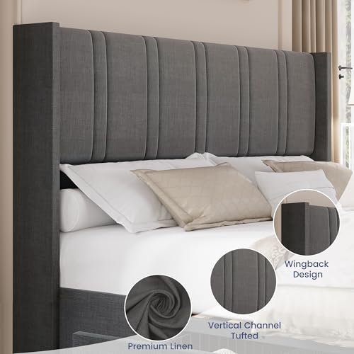 King Size Linen Upholstered Platform Bed Frame with 4 Storage Drawers U7402