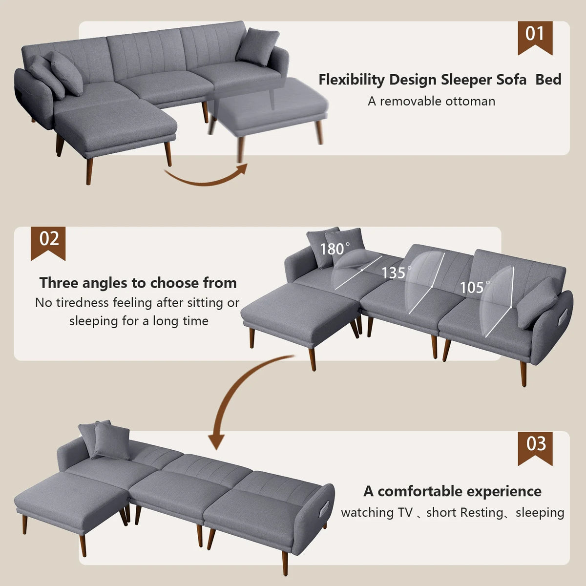 L-Shaped Linen Fabric Sleeper Sectional Sofa with Ottoman V7773