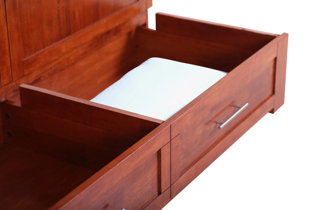 Queen Cherry Murphy Cabinet Chest Bed with Charging Station & 6" Memory Foam Mattress P60204