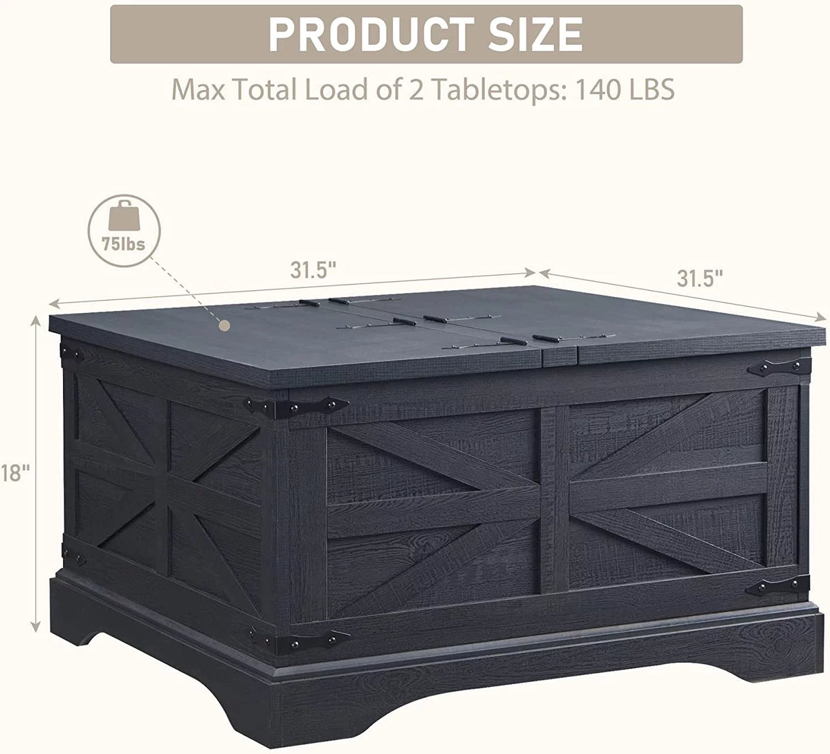 Black Square Wood Lift Top Coffee Table with Storage I37524