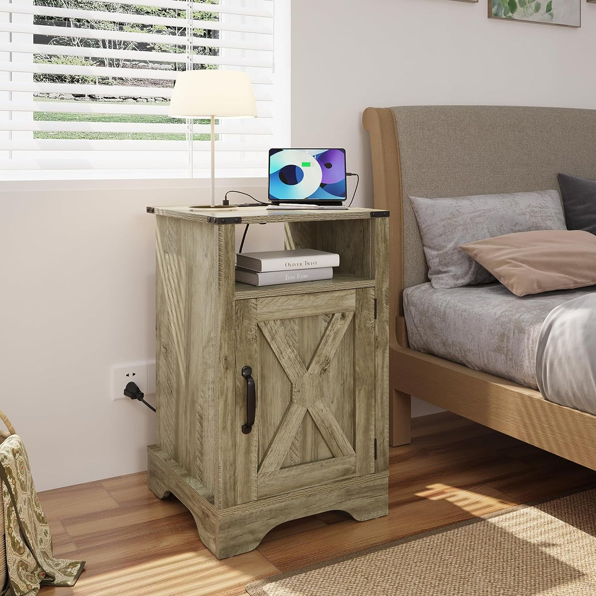 Rustic Warm Grey Wooden Nightstand with Charging Station R415698