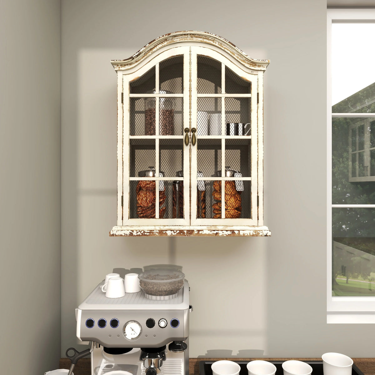 Vintage White Wood Wall Décor with Glass Doors and Shelving J982