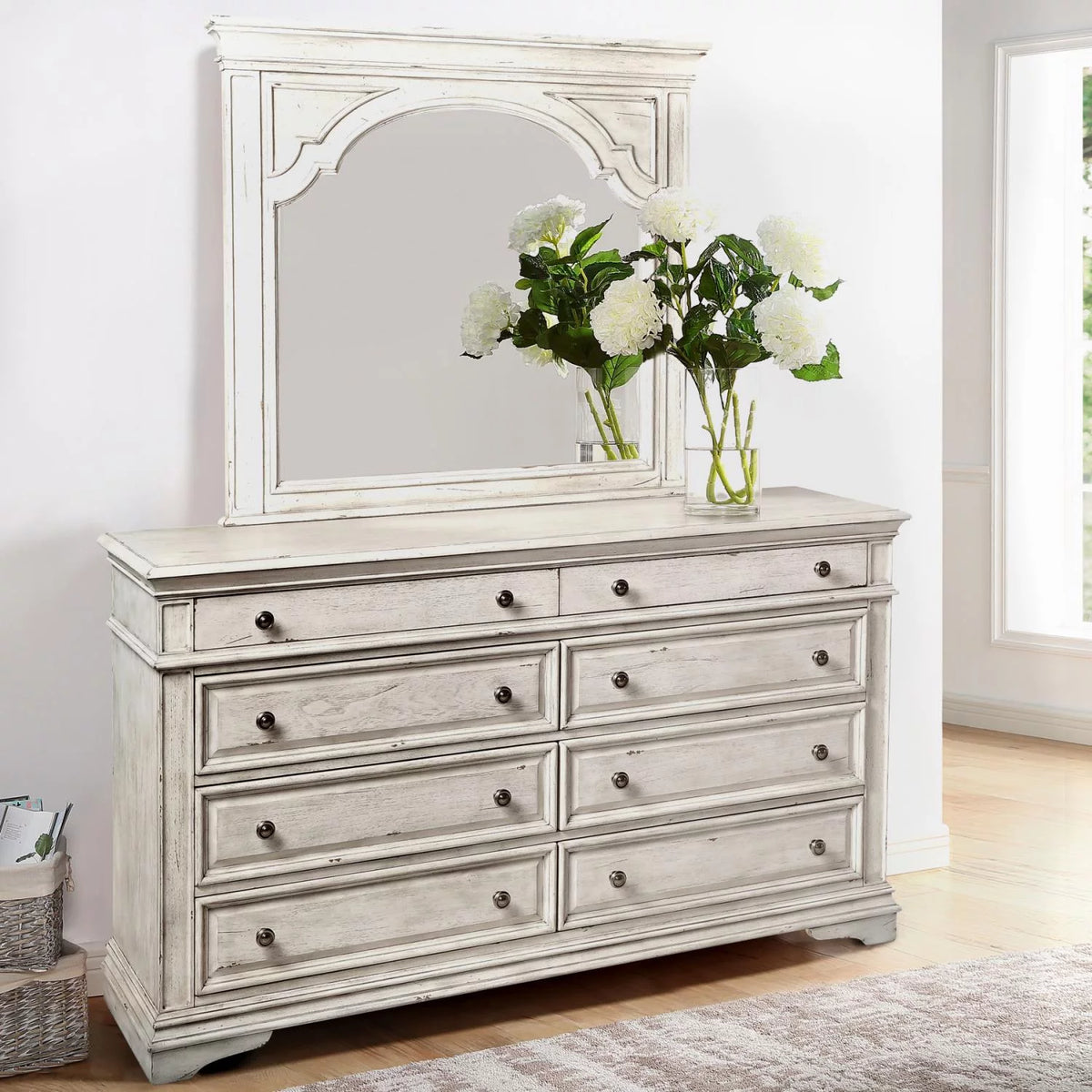 Rustic Ivory Wood 8-drawer Dresser and Mirror I32996