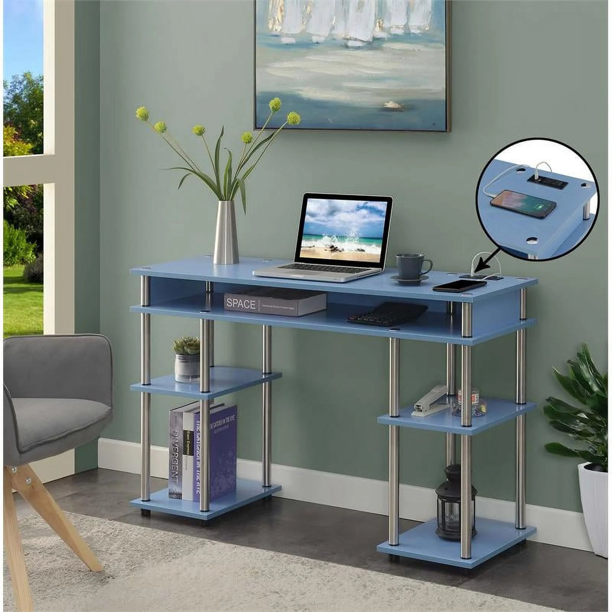 Baby Blue Wood Student Desk with Charging Station I459