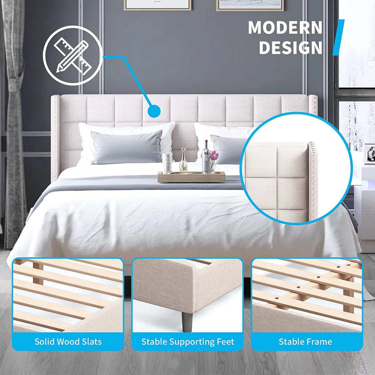Full Size Wood Platform Bed Frame with Headboard R521928
