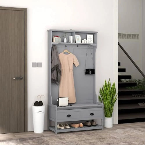 3-in-1 Hall Tree Entryway Bench with Coat Rack Shoe Rack 2 Drawers 4 Hooks Padded Seat Cushions Gray V3543