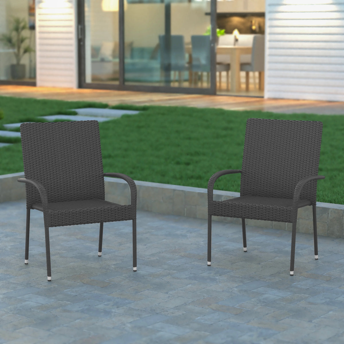 Gray Wicker Powder Coated Steel Patio Club Chair Set of 2 K465