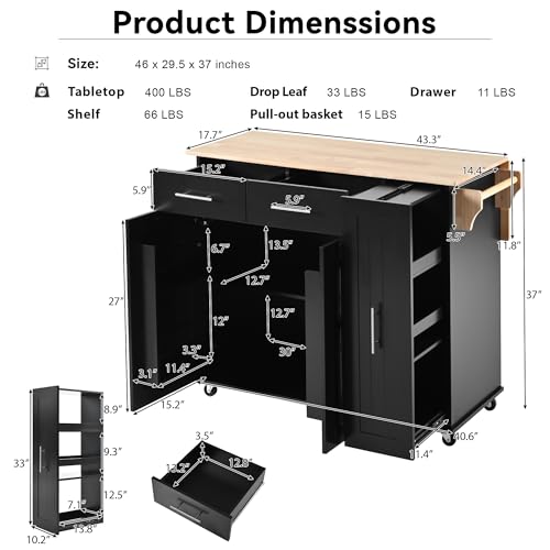 56" Black Kitchen Island with 2 Drop Leafs, 5 Wheels, Power Outlet & 3 Drawers U797289