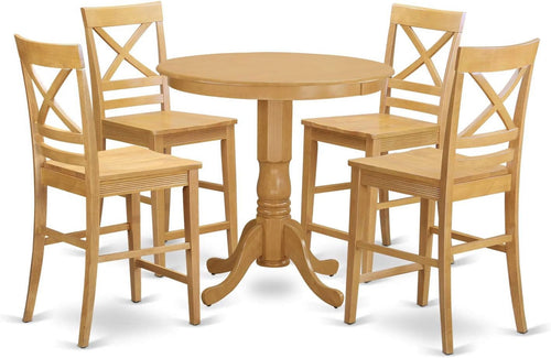 5 Piece Counter Height Dining Table Set with Round Wooden Table and 4 Chairs, 36X36 Inch, Oak N73663